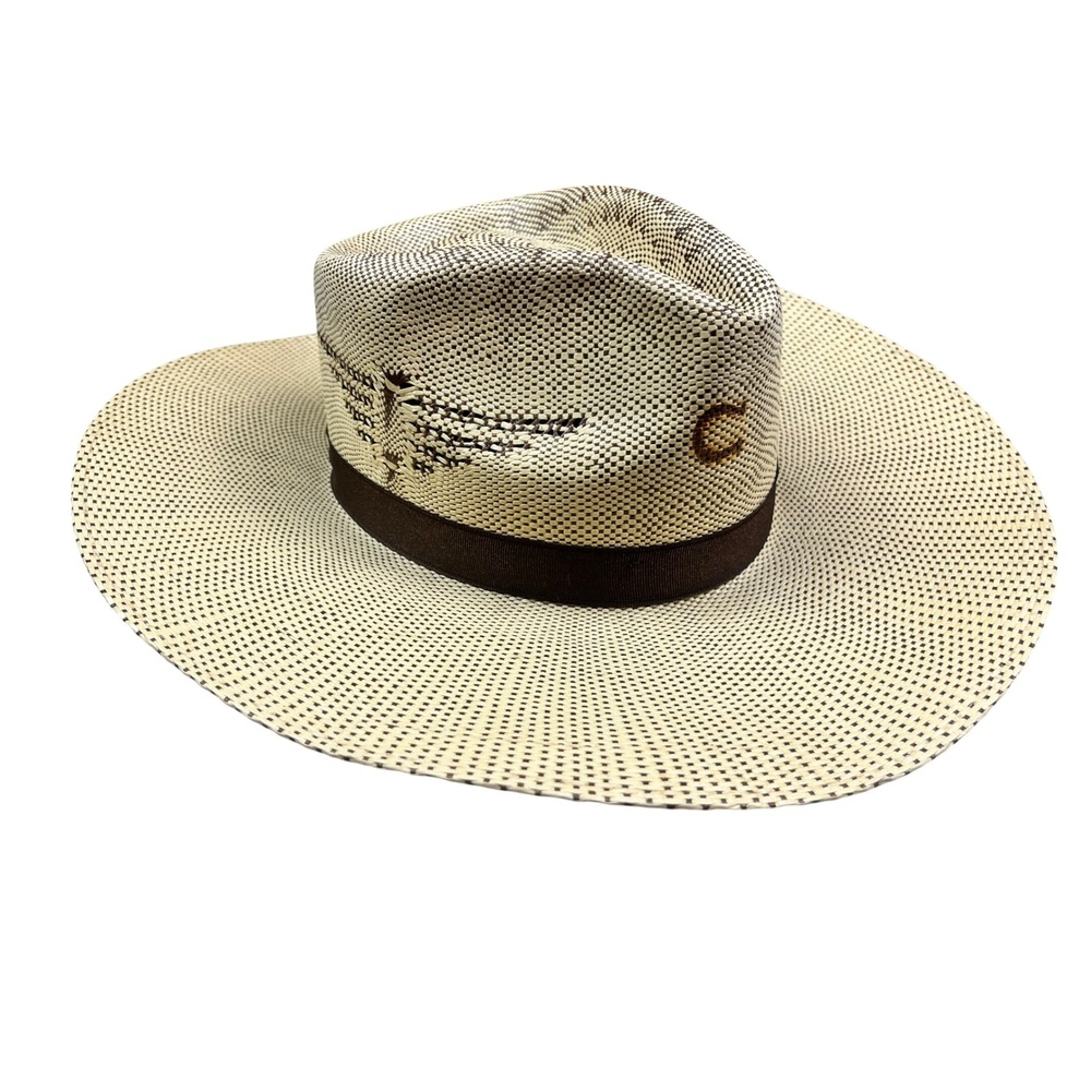 Charlie 1 Horse Straw Cowboy Hat Tan Brown Eagle Embroidery Size Small Mexico